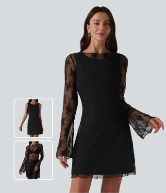 Robe de soirée deux pièces en dentelle à col rond et manches à volants