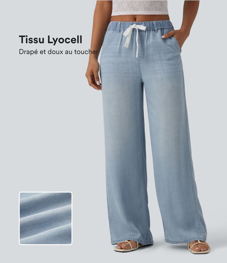 Jean décontracté taille mi-haute en lyocell drapé avec cordon de serrage et poches Jean décontracté taille mi-haute en lyocell drapé avec cordon de serrage et poches