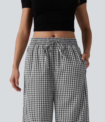 Mid Rise Drawstring Baggy Gingham Casual Trousers with Pockets