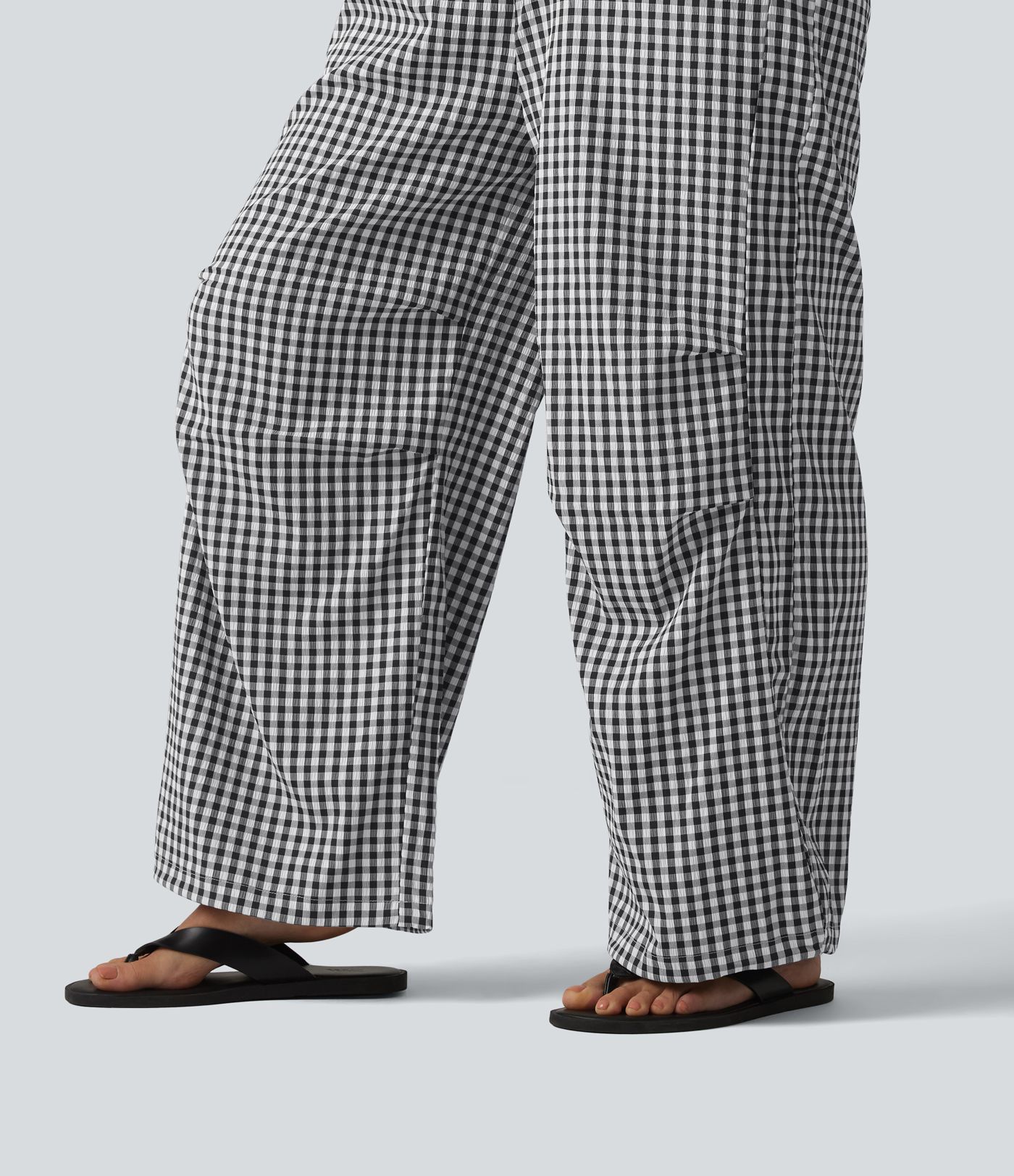 Mid Rise Drawstring Baggy Gingham Casual Trousers with Pockets