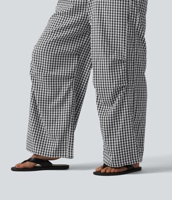 Mid Rise Drawstring Baggy Gingham Casual Trousers with Pockets