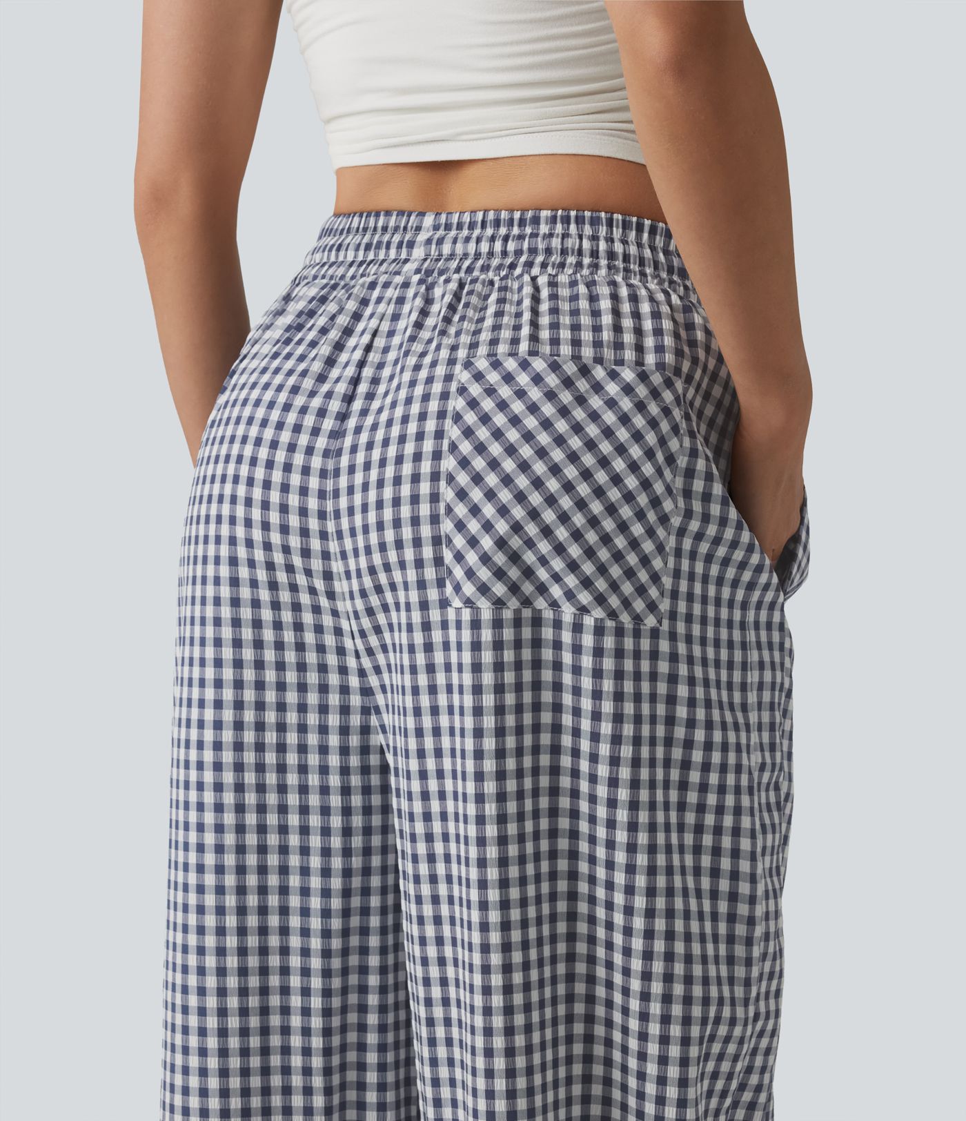 Freizeithose mit mittlerer Bundhöhe, Kordelzug, weiter Passform, Vichy-Karo und Taschen