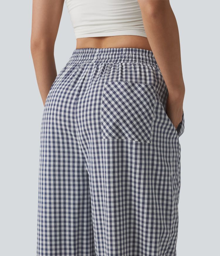 Freizeithose mit mittlerer Bundhöhe, Kordelzug, weiter Passform, Vichy-Karo und Taschen