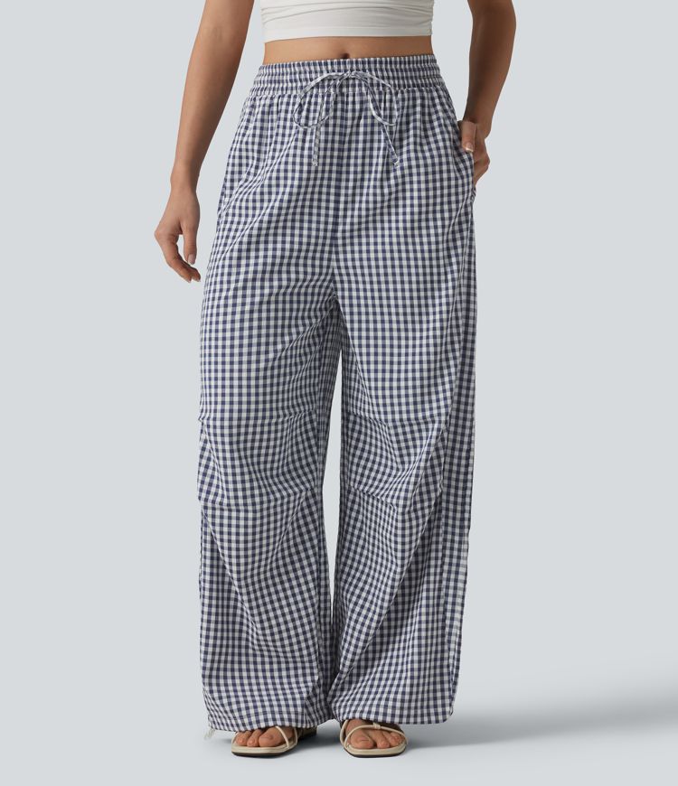 Freizeithose mit mittlerer Bundhöhe, Kordelzug, weiter Passform, Vichy-Karo und Taschen