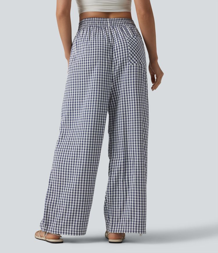 Freizeithose mit mittlerer Bundhöhe, Kordelzug, weiter Passform, Vichy-Karo und Taschen