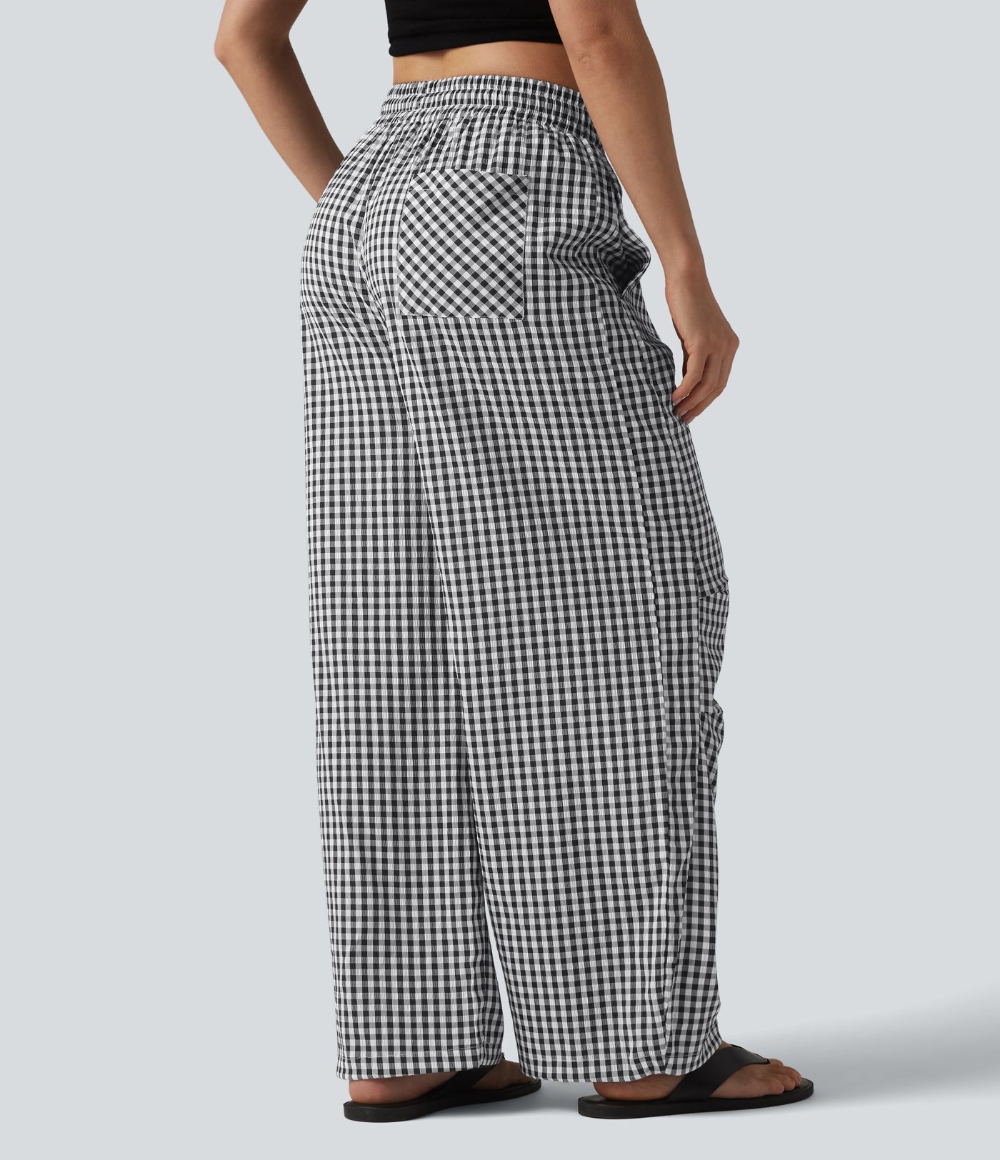 Mid Rise Drawstring Baggy Gingham Casual Trousers with Pockets