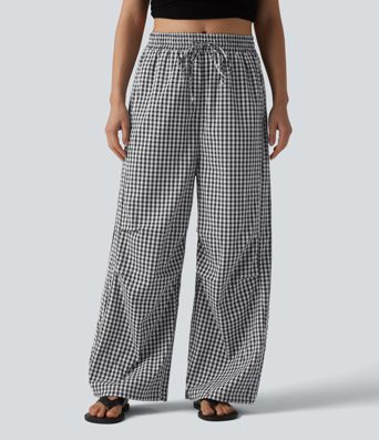 Mid Rise Drawstring Baggy Gingham Casual Trousers with Pockets