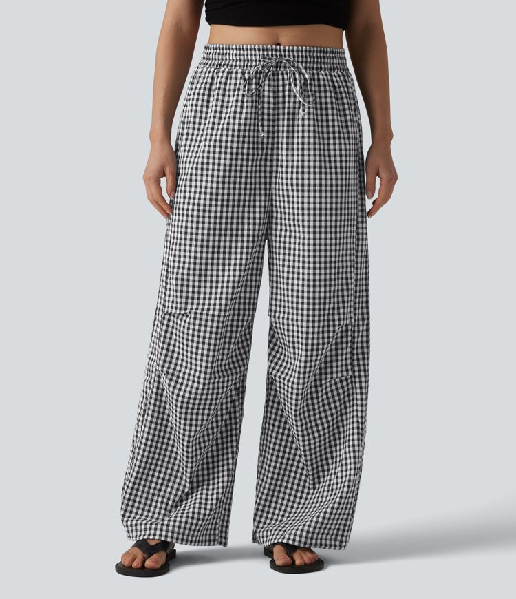 Mid Rise Drawstring Baggy Gingham Casual Trousers with Pockets