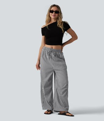 Mid Rise Drawstring Baggy Gingham Casual Trousers with Pockets
