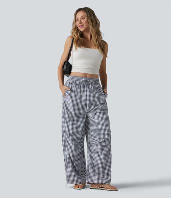 Freizeithose mit mittlerer Bundhöhe, Kordelzug, weiter Passform, Vichy-Karo und Taschen