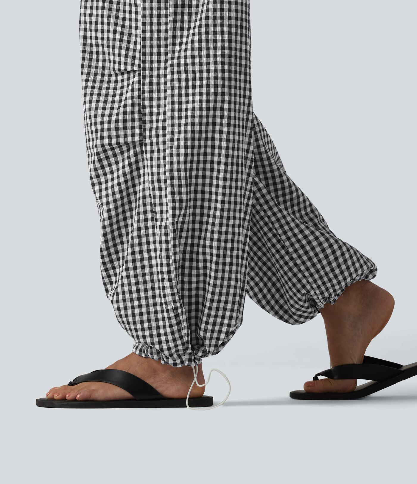 Mid Rise Drawstring Baggy Gingham Casual Trousers with Pockets