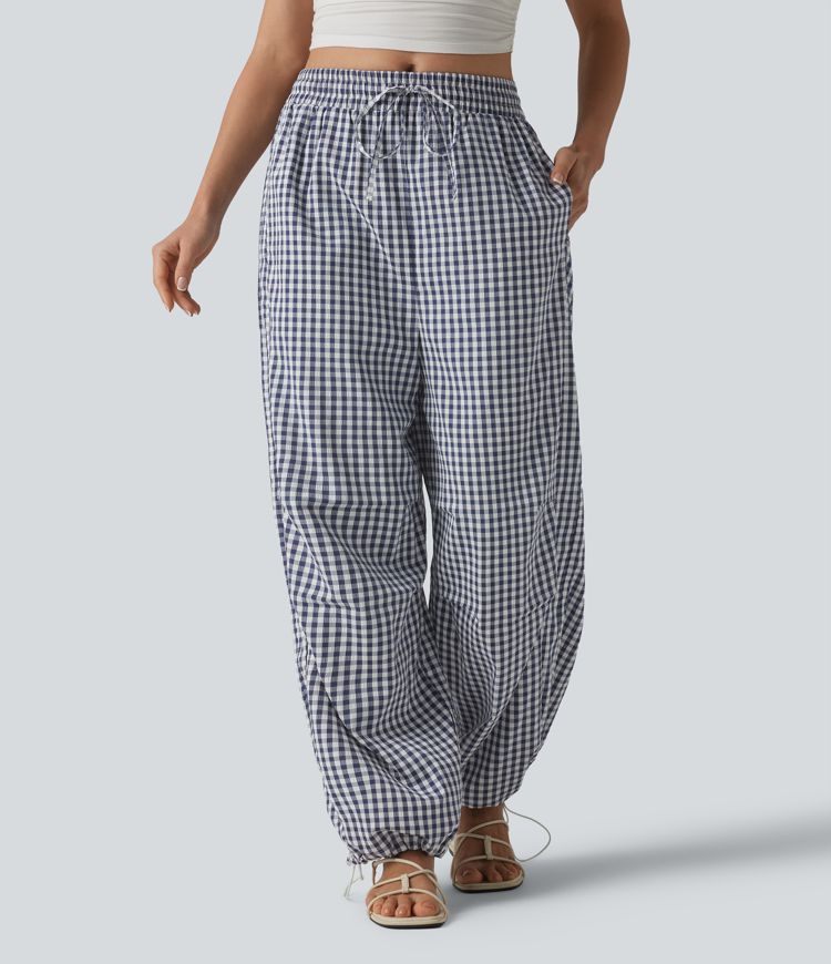 Freizeithose mit mittlerer Bundhöhe, Kordelzug, weiter Passform, Vichy-Karo und Taschen