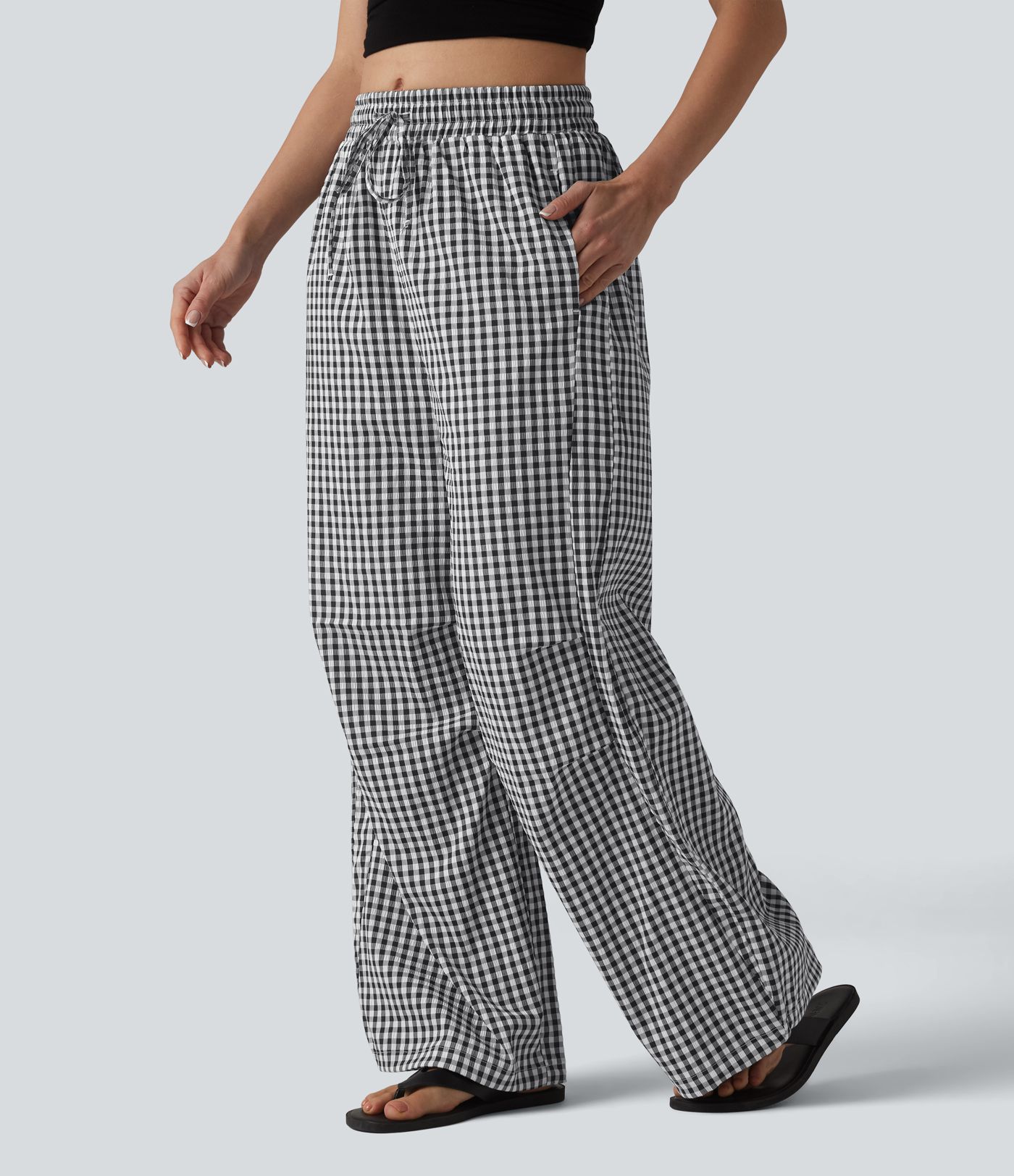 Mid Rise Drawstring Baggy Gingham Casual Trousers with Pockets