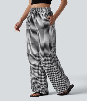 Mid Rise Drawstring Baggy Gingham Casual Trousers with Pockets