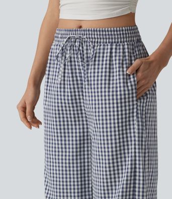 Freizeithose mit mittlerer Bundhöhe, Kordelzug, weiter Passform, Vichy-Karo und Taschen