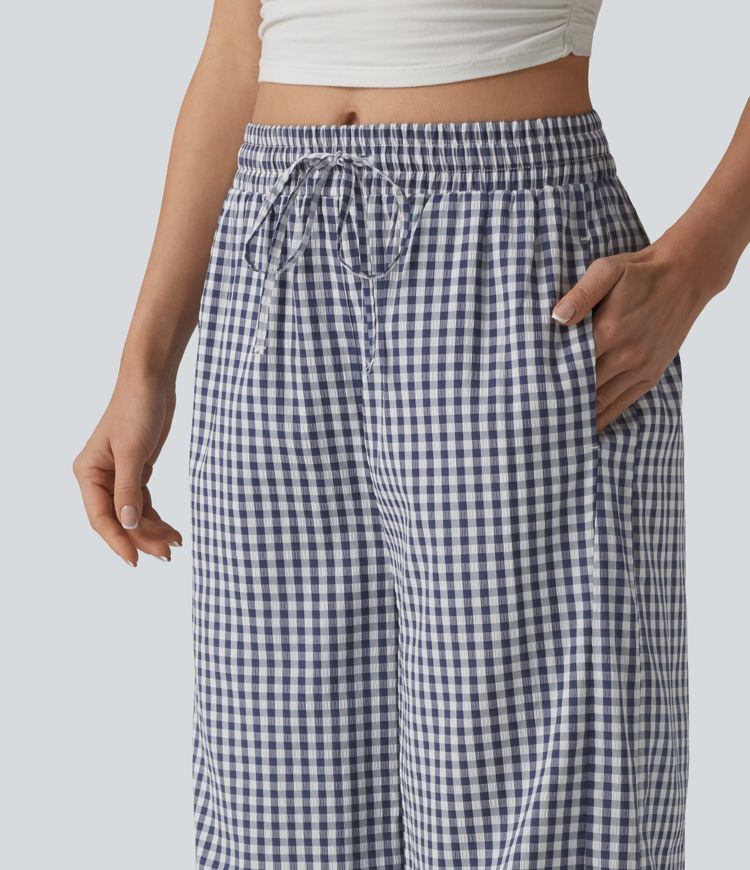 Freizeithose mit mittlerer Bundhöhe, Kordelzug, weiter Passform, Vichy-Karo und Taschen