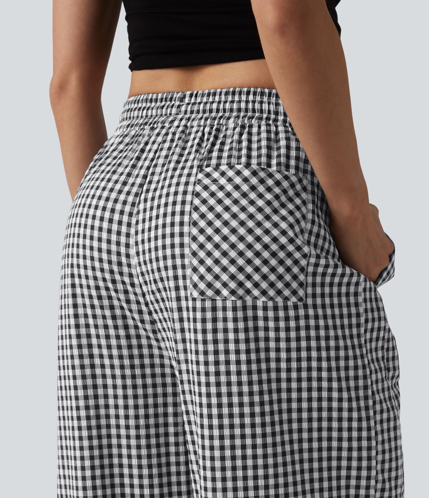 Mid Rise Drawstring Baggy Gingham Casual Trousers with Pockets