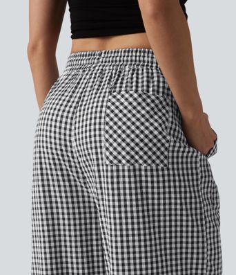 Mid Rise Drawstring Baggy Gingham Casual Trousers with Pockets