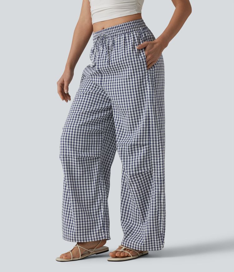 Freizeithose mit mittlerer Bundhöhe, Kordelzug, weiter Passform, Vichy-Karo und Taschen