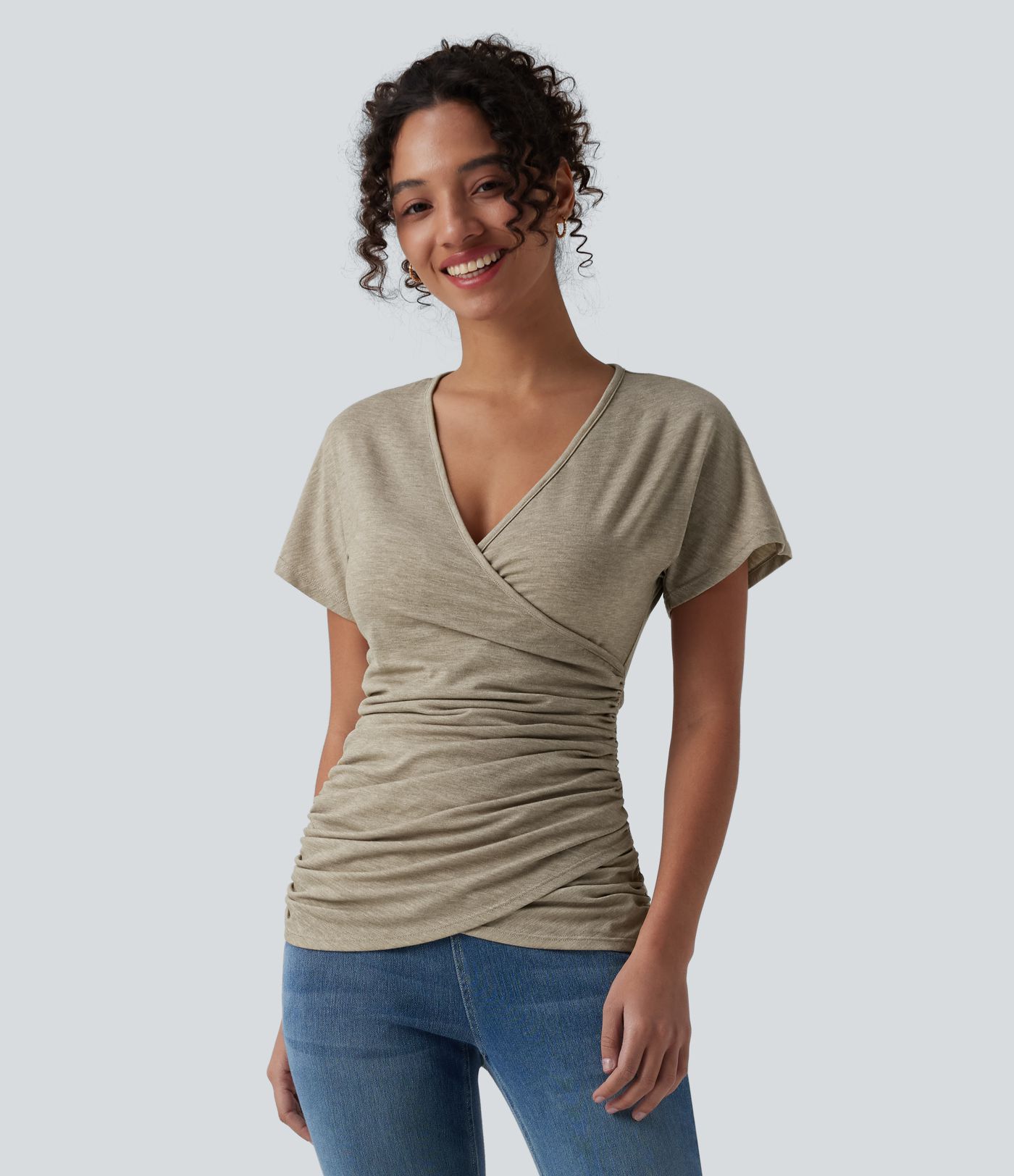 V Neck Short Sleeve Ruched Casual Top