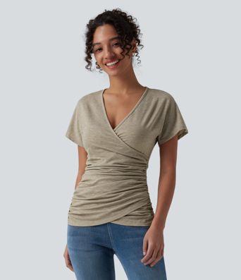 V Neck Short Sleeve Ruched Casual Top