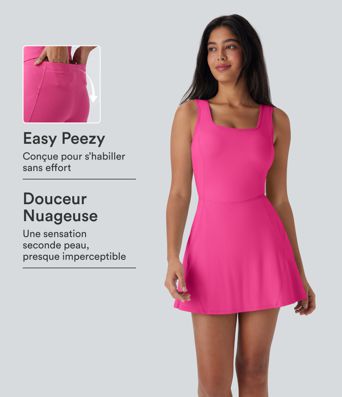 Softlyzero™ Airy Robe active mini de danse 2-en-1 dos nu, encolure en U, bretelles croisées, poches latérales et toucher frais - Facile à enfiler