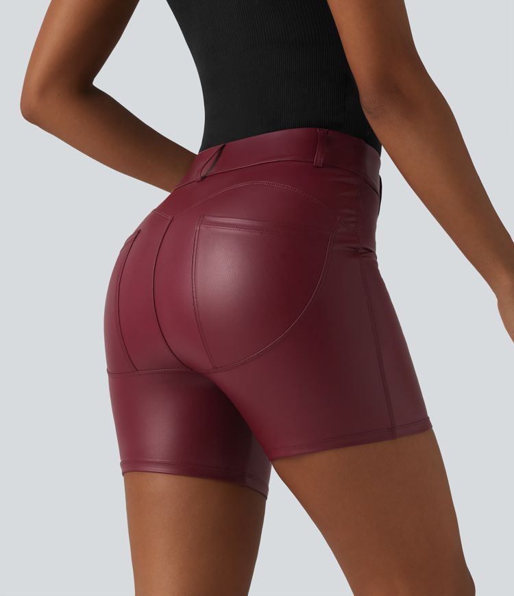 High Waisted Stretchy PU Casual Biker Shorts 5'' with Pockets