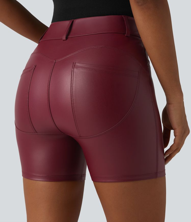 High Waisted Stretchy PU Casual Biker Shorts 5'' with Pockets