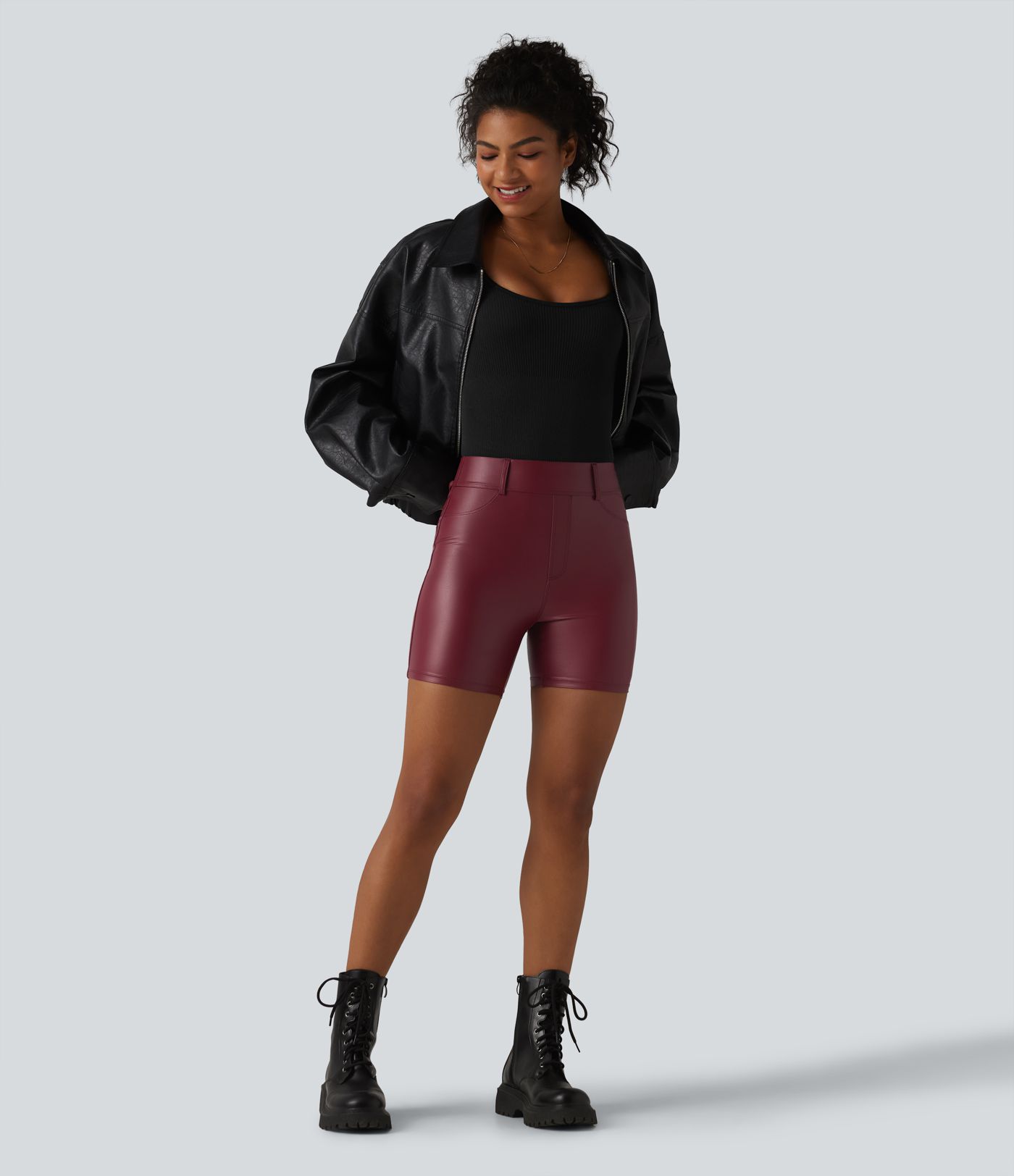 High Waisted Stretchy PU Casual Biker Shorts 5'' with Pockets