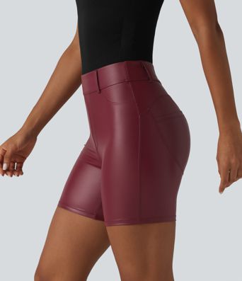 High Waisted Stretchy PU Casual Biker Shorts 5'' with Pockets