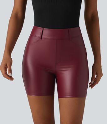 High Waisted Stretchy PU Casual Biker Shorts 5'' with Pockets