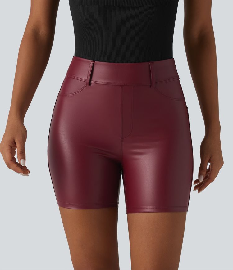 High Waisted Stretchy PU Casual Biker Shorts 5'' with Pockets