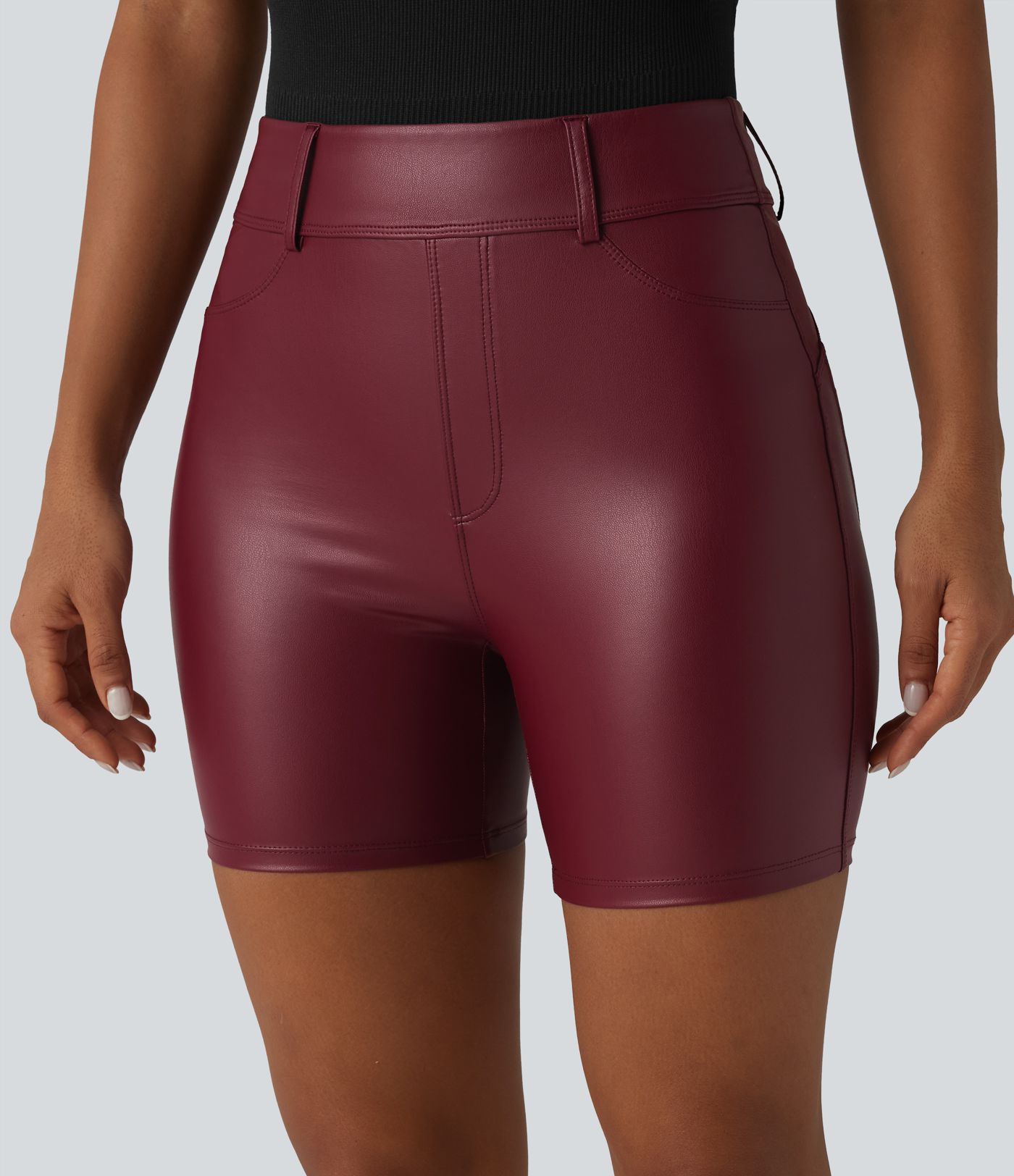 High Waisted Stretchy PU Casual Biker Shorts 5'' with Pockets