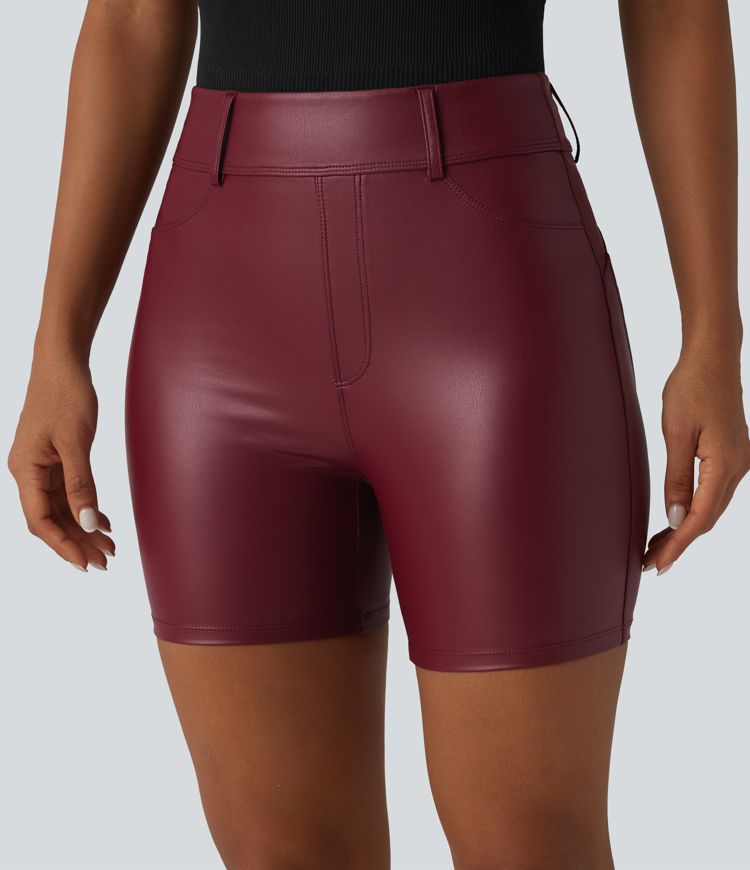 High Waisted Stretchy PU Casual Biker Shorts 5'' with Pockets