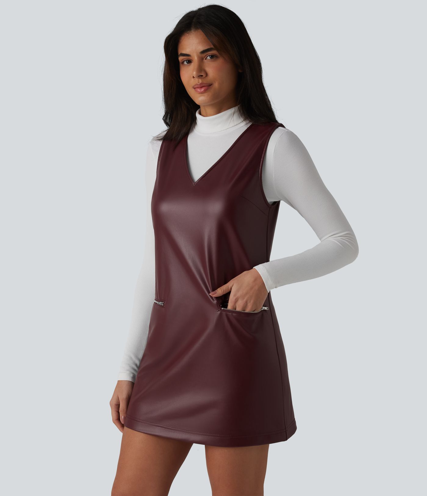 V Neck Sleeveless Stretchy PU Fleece Mini Work Dress with Pockets