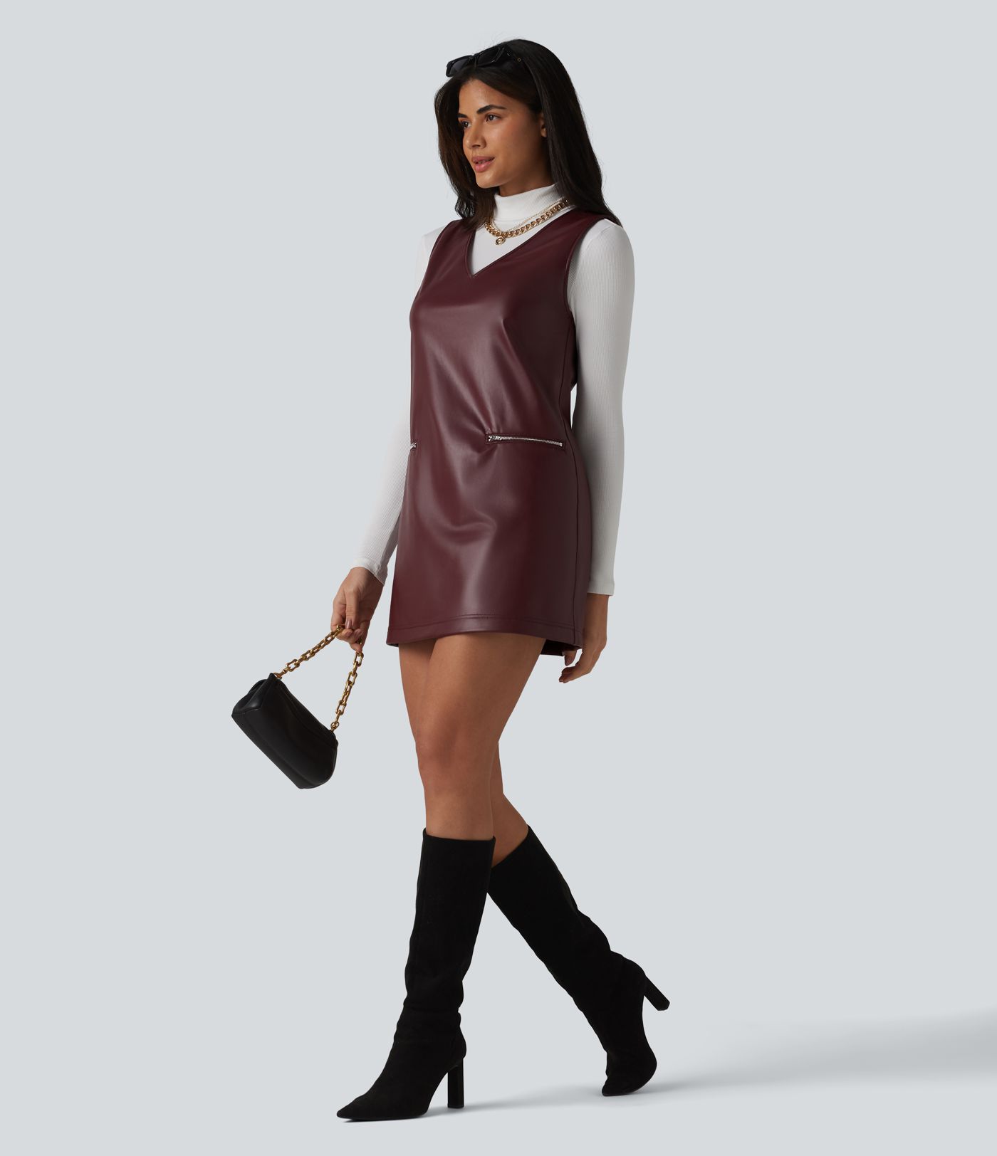 V Neck Sleeveless Stretchy PU Fleece Mini Work Dress with Pockets