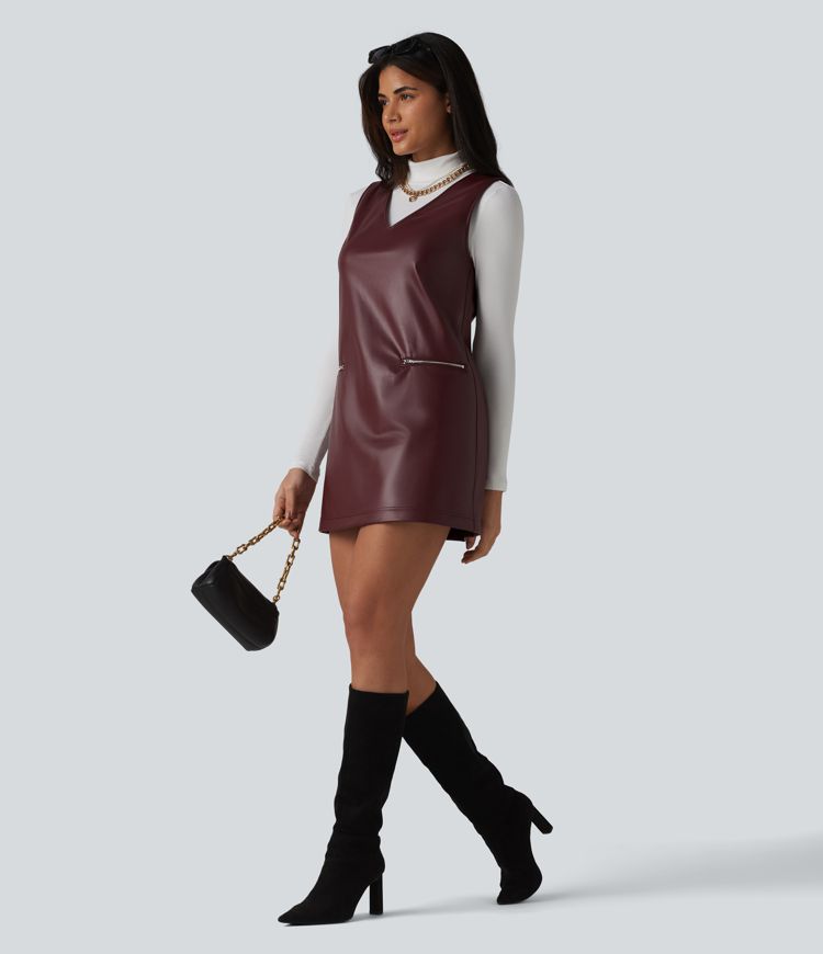 V Neck Sleeveless Stretchy PU Fleece Mini Work Dress with Pockets