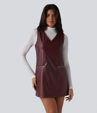 V Neck Sleeveless Stretchy PU Fleece Mini Work Dress with Pockets