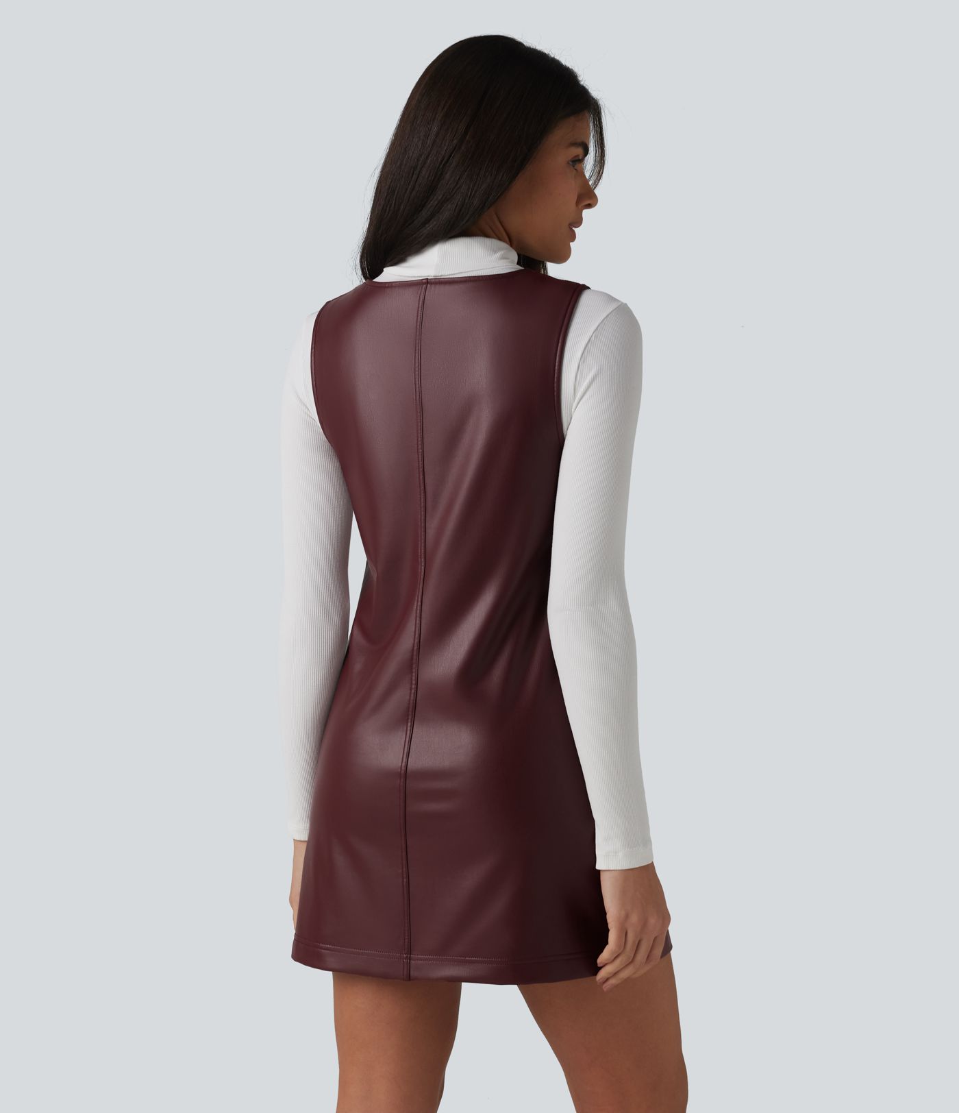 V Neck Sleeveless Stretchy PU Fleece Mini Work Dress with Pockets