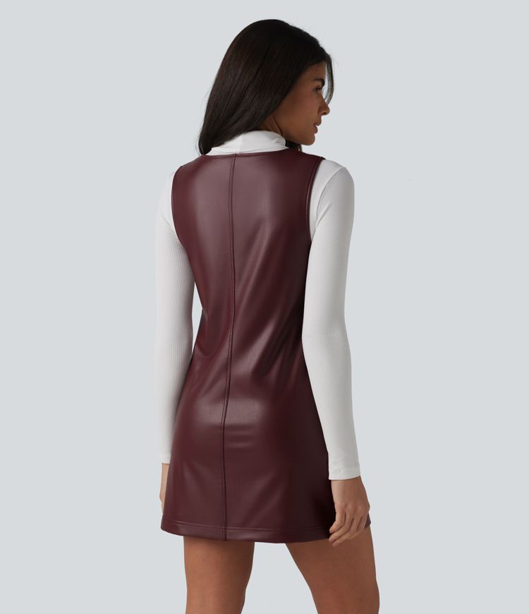V Neck Sleeveless Stretchy PU Fleece Mini Work Dress with Pockets