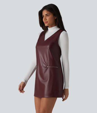 V Neck Sleeveless Stretchy PU Fleece Mini Work Dress with Pockets