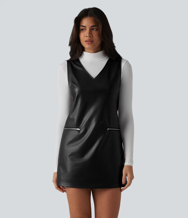 Robe de travail mini sans manches à col en V en simili stretch doublé polaire avec poches