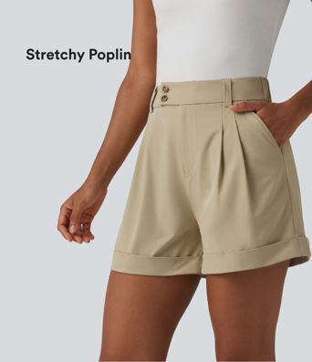 High Waisted Pleated Rolled Hem Stretchy Poplin Work Baggy Shorts with Pockets