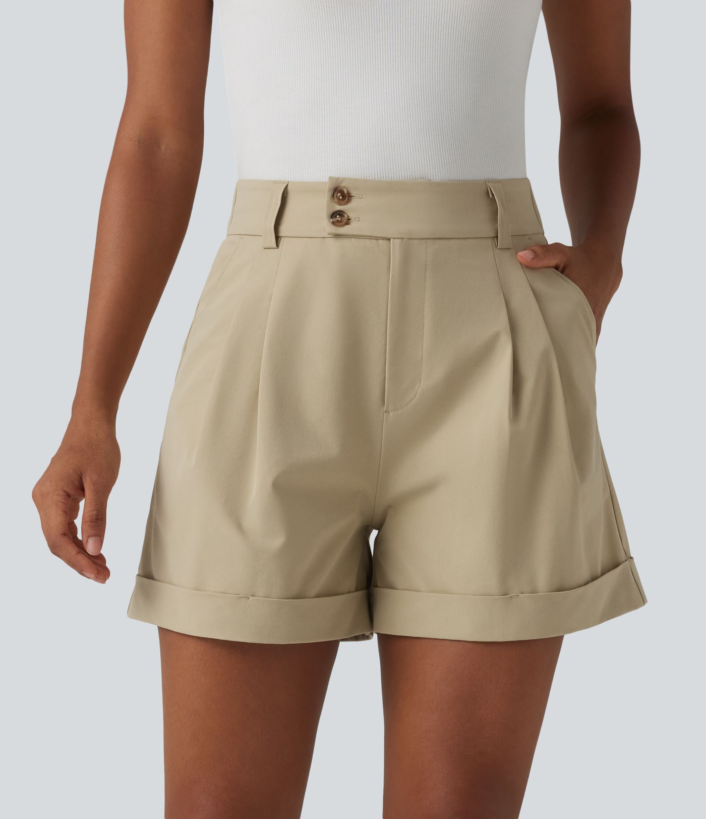 High Waisted Pleated Rolled Hem Stretchy Poplin Work Baggy Shorts with Pockets