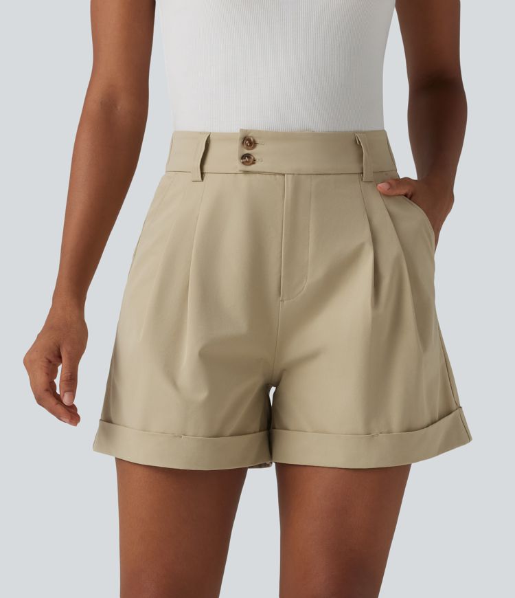 High Waisted Pleated Rolled Hem Stretchy Poplin Work Baggy Shorts with Pockets