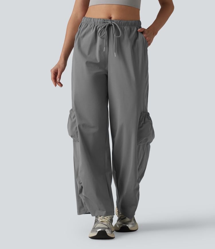 Mid Rise Drawstring Baggy Workout Cargo Pants with Pockets