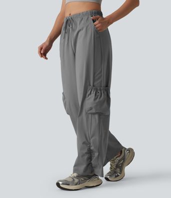 Mid Rise Drawstring Baggy Workout Cargo Pants with Pockets