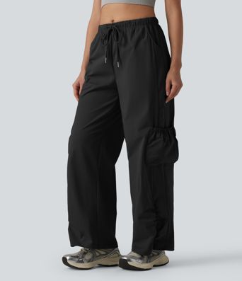Mid Rise Drawstring Baggy Workout Cargo Pants with Pockets Mid Rise Drawstring Baggy Workout Cargo Pants with Pockets