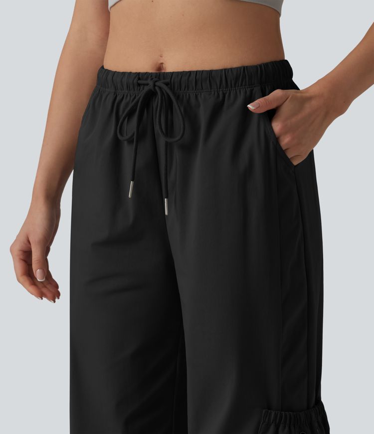 Mid Rise Drawstring Baggy Workout Cargo Pants with Pockets Mid Rise Drawstring Baggy Workout Cargo Pants with Pockets