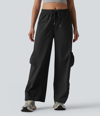 Mid Rise Drawstring Baggy Workout Cargo Pants with Pockets Mid Rise Drawstring Baggy Workout Cargo Pants with Pockets